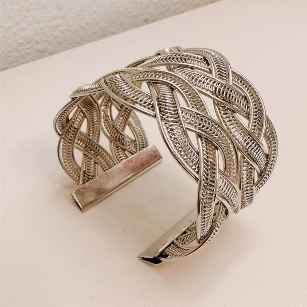 Vintage Silver‎ Tone Braided Statement Cuff Bracelet